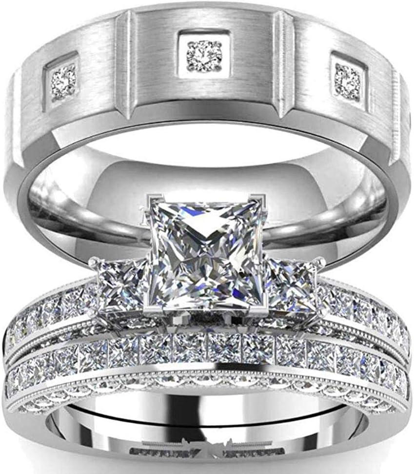 His and Hers Couple Rings Three Square Cut Cubic Zirconia Stones Womens Wedding Ring Sets & Titanium Men's Wedding Band【Buy Two Rings for One Pair】
