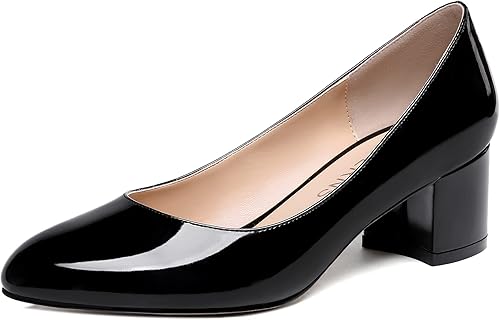 WAYDERNS Zapatos de tacón bajo grueso de charol para mujer, con puntera redonda, 2 pulgadas