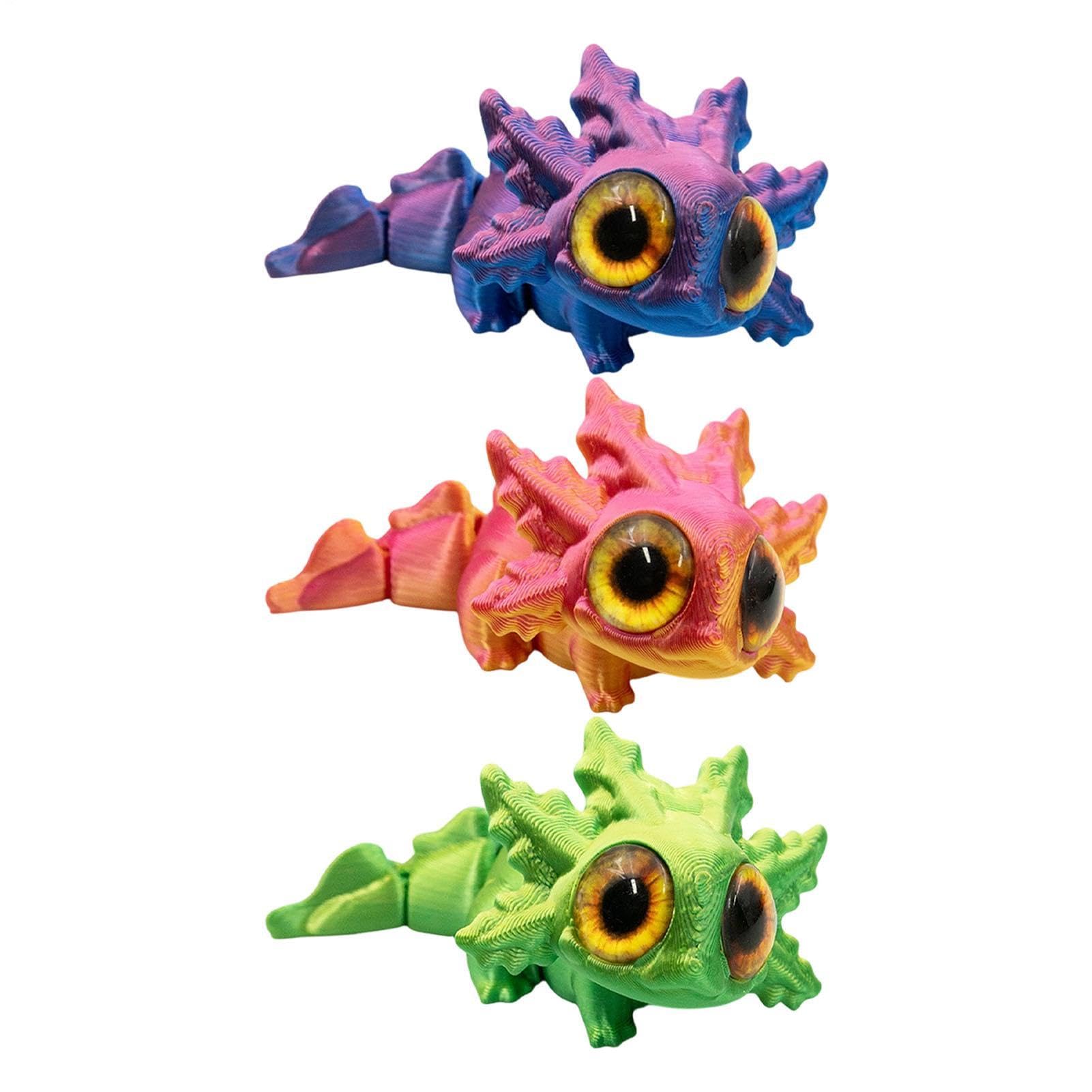 3pcs 3D Printed Fidget Animals, Posable Axolotl with Big Eyes, Cute Articulated Small Pet Fidget, Fantasy Creature Desk Toy Collectible Animal Model for Gamers Nature Lovers