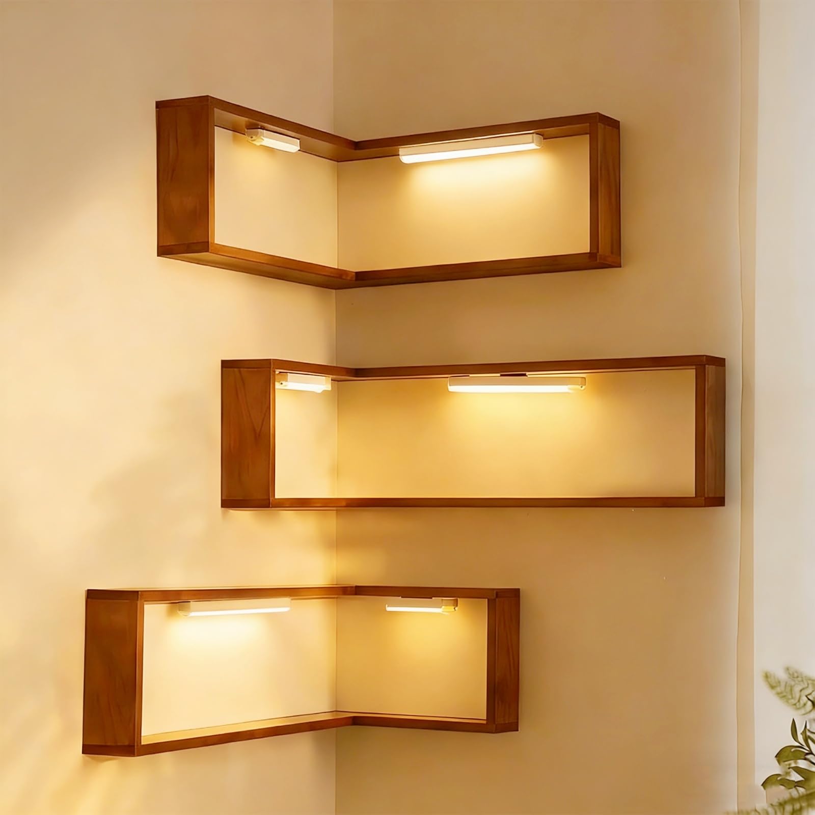 Smart Corner Shelf with Light,Illuminated Corner Shelves,Floating Storage Wooden Wall-Mounted Shelves for Figurines and Collectibles Display Stand (3 Set (Includes LED Lights))