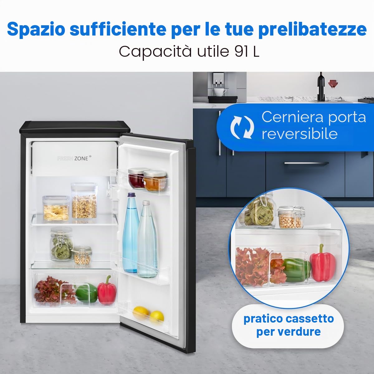 Frigorifero Bomann® con scomparto congelatore, 91L, Frigorifero compatto, 2 ripiani, Cassetto per verdure, Cerniera della porta reversibile, 0°~ 8°C, Mini frigorifero,