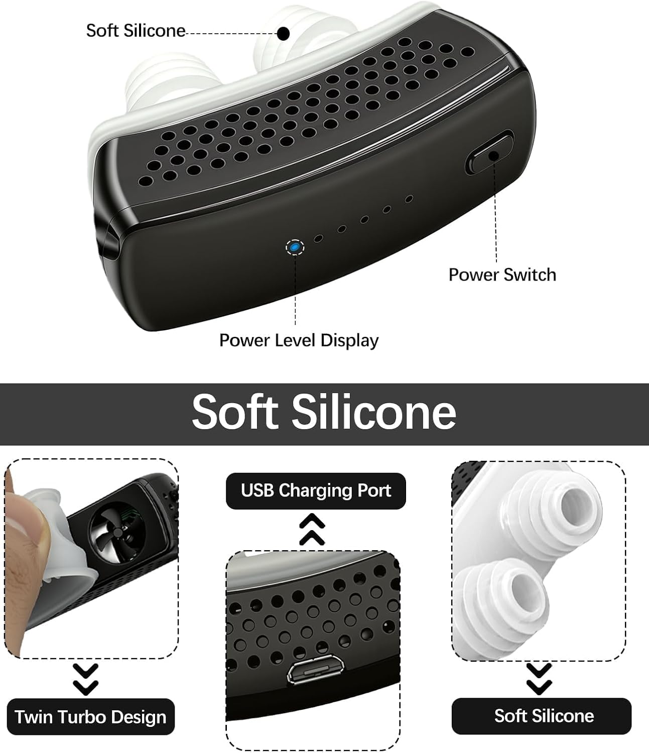 Anti Snoring Devices, Electric Anti Snore Device with Adjustable Security Strap, Adjustable 6-Speed Stop Snoring Aids, Universal Fit for All Nose Shapes for Men & Women (Matte Black)