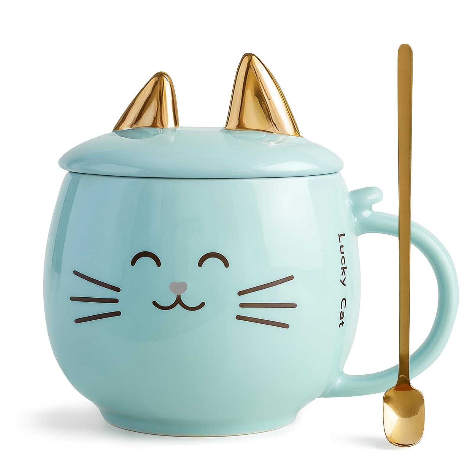 Yuwu Cute Cat Mug Coffee Mug Ceramic Cup, Novelty Mug with Spoon, Mobile Phone Holder, Children, Christmas Valentine's Day Birthday Gifts Present for Cat Lovers Women Girls (Blue)