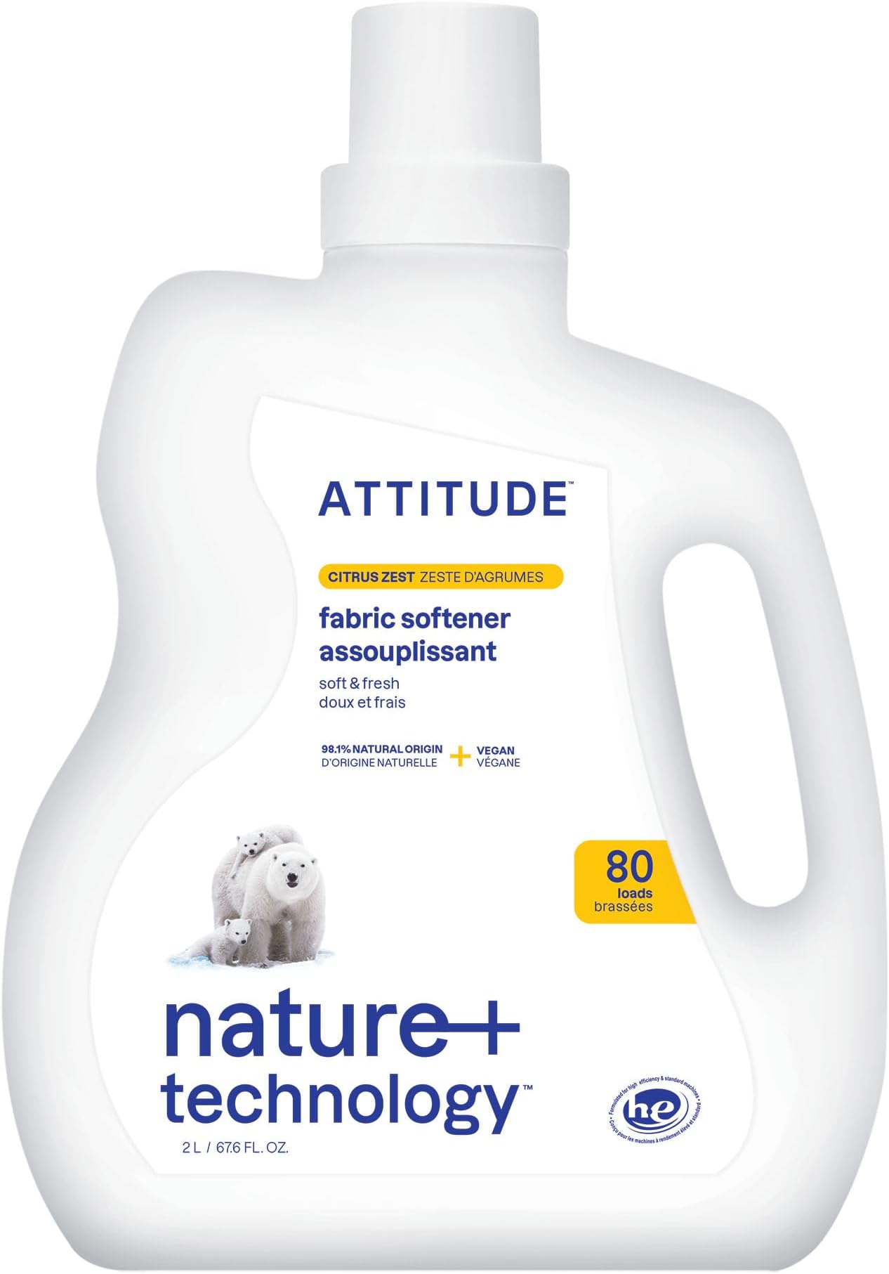 Laundry Fabric Softener, with Advanced Deodorizing Power, Non-Toxic, Safe for Sensitive Skin, Citrus Zest, 67.6 Fluid Ounce, 80 Loads