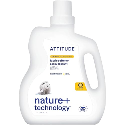 ATTITUDE Liquid Fabric Softener, Plant-Based & Vegan, HE Compatible, Naturally Derived, Citrus Zest Scent, 80 Loads, 67.6 Fl Oz