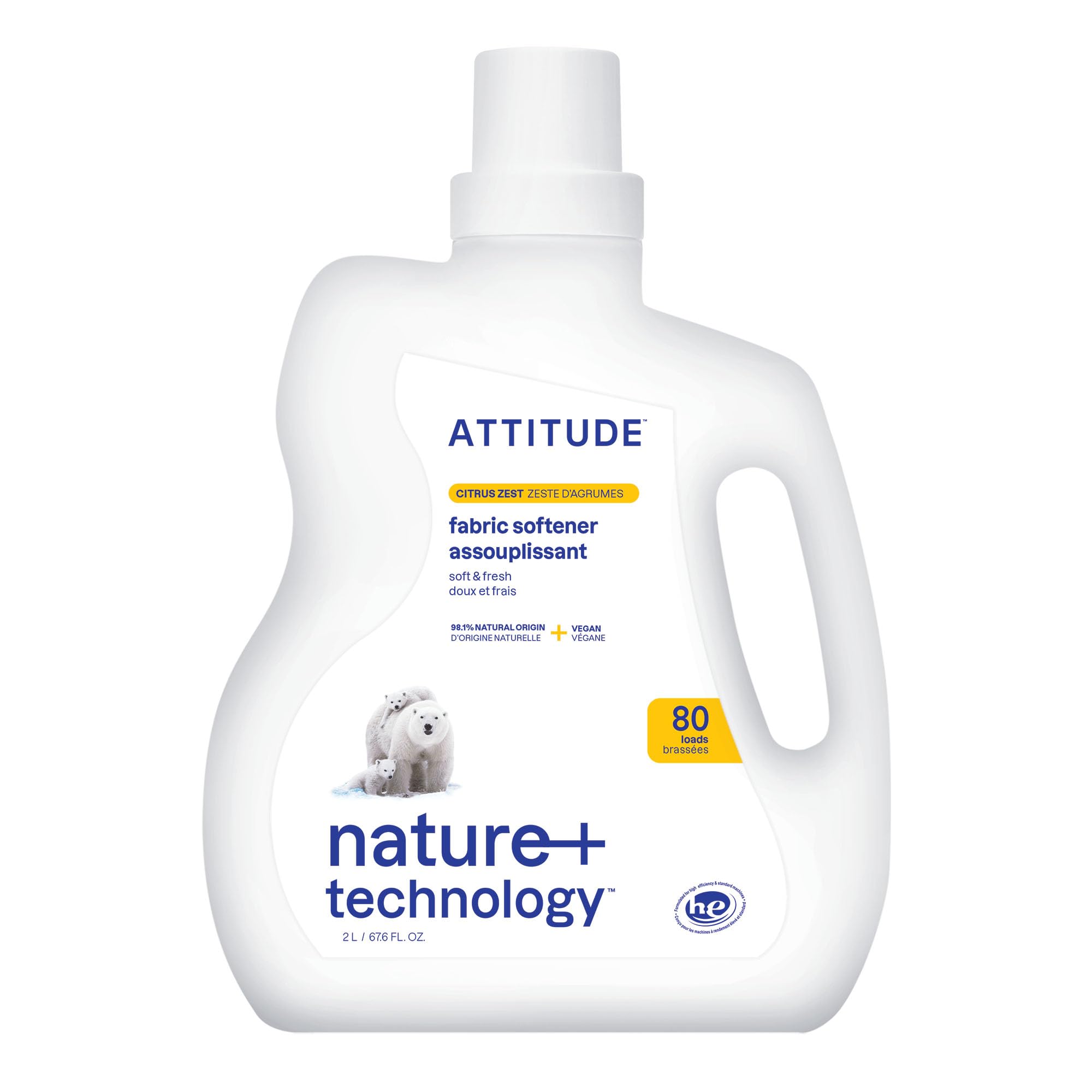 ATTITUDE Laundry Fabric Softener, with Advanced Deodorizing Power, Non-Toxic, Safe for Sensitive Skin, Citrus Zest, 67.6 Fluid Ounce, 80 Loads