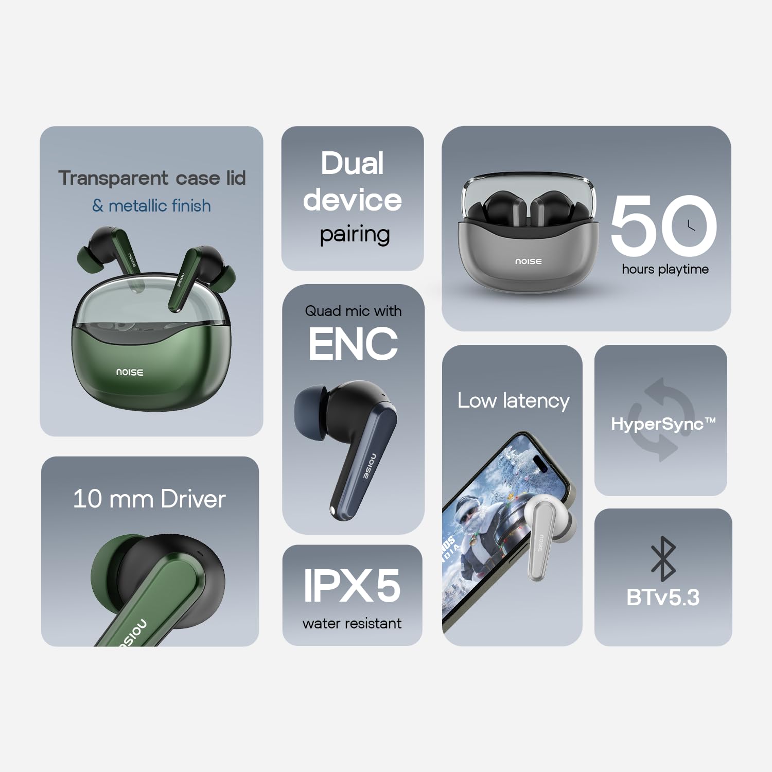 Noise Buds VS601 Wireless Earbuds, Bluetooth Earbuds with 50H Playtime, Quad Mic ENC for Clear Calls, 10mm Drivers, Dual Device Pairing, Transparent Case Design, Deep Bass, BT v5.3 (Cobalt Blue) — Amazon image 2