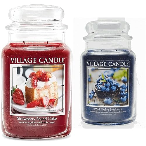 Village Candle Strawberry Pound Cake, Large Glass Apothecary Jar Scented Candle, 21.25 oz, Red & Wild Maine Blueberry Large Glass Apothecary Jar Scented Candle, 21.25 oz, Dark Blue - CANDLE+ Blueberry Candle
