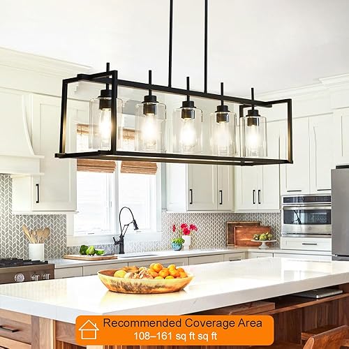 Miniatura 2 de DSMJFU - Lámpara de araña de granja para comedor, rectangular, 5 luces, isla de cocina, comedor, lámpara sobre mesa, luz rústica negra para isla de