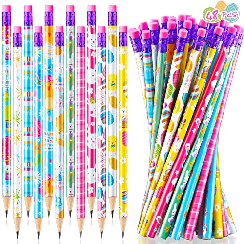 48 Pcs Easter pencils bulk Colorful Spring Pencils for Kids Easter Themed Pencils Animal Pencil with Eraser Tops Wood Pencils Office School Classroom Birthday Supplies Chicks, Bunnies Patterns