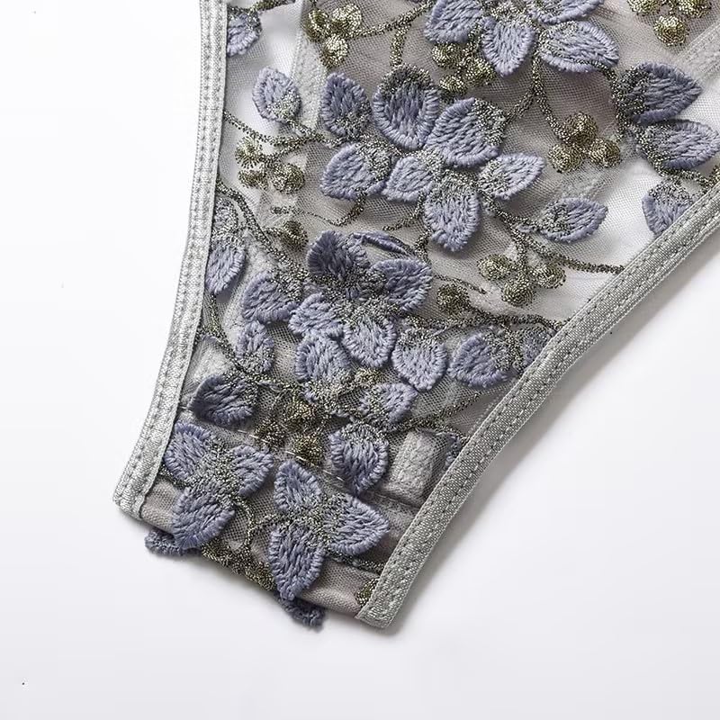 Lilosy Women Sexy Lace Up Floral Embroidered Teddy Lingerie Bodysuit Top Mesh Sheer One Piece: 3X-Large Grey