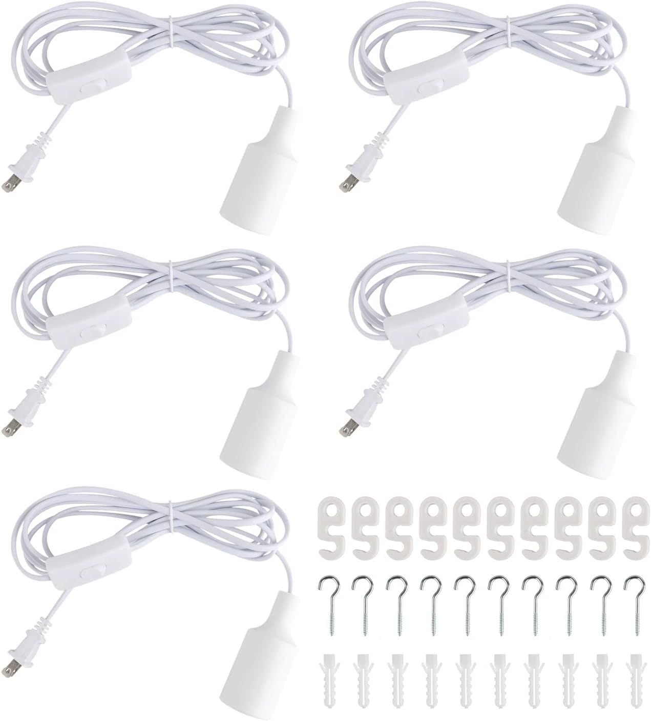 Plug in Hanging Light Kit, Retro Hanging Lights with Plug in Cord, E26 E27 Industrial Pendant Light Fixture, 9.8 FT Cord with On/Off Switch Hanging Lamp for Living Room Bedroom 5 Pack (White)