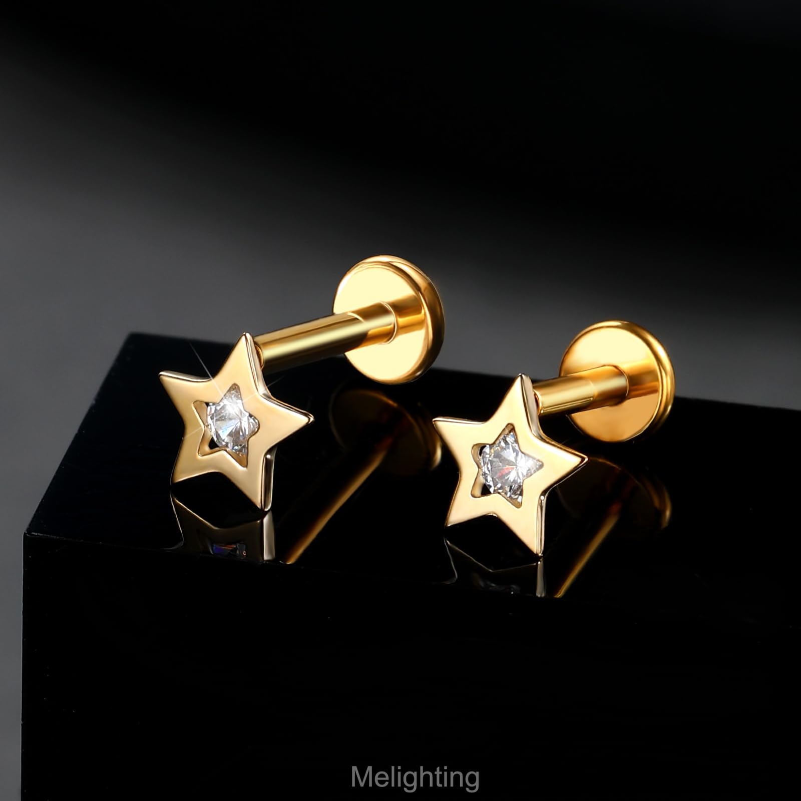 Melighting Pendientes de cartílago sin rosca, oro amarillo de 14 quilates, aretes de hélice, aretes de estrella con parte trasera plana, 16 g, aretes de tragus, joyería de 8 mm, 16G 8mm, Titanio Oro