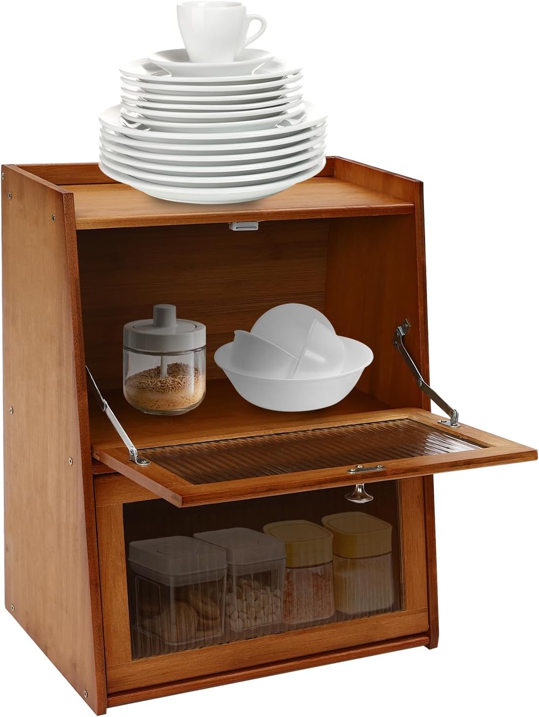 3-Tier Storage Cabinet with Doors, 40x28x50cm Bamboo Organizer for Kitchen Bathroom Bedroom, Modern Tabletop Cabinet (Dark Brown)