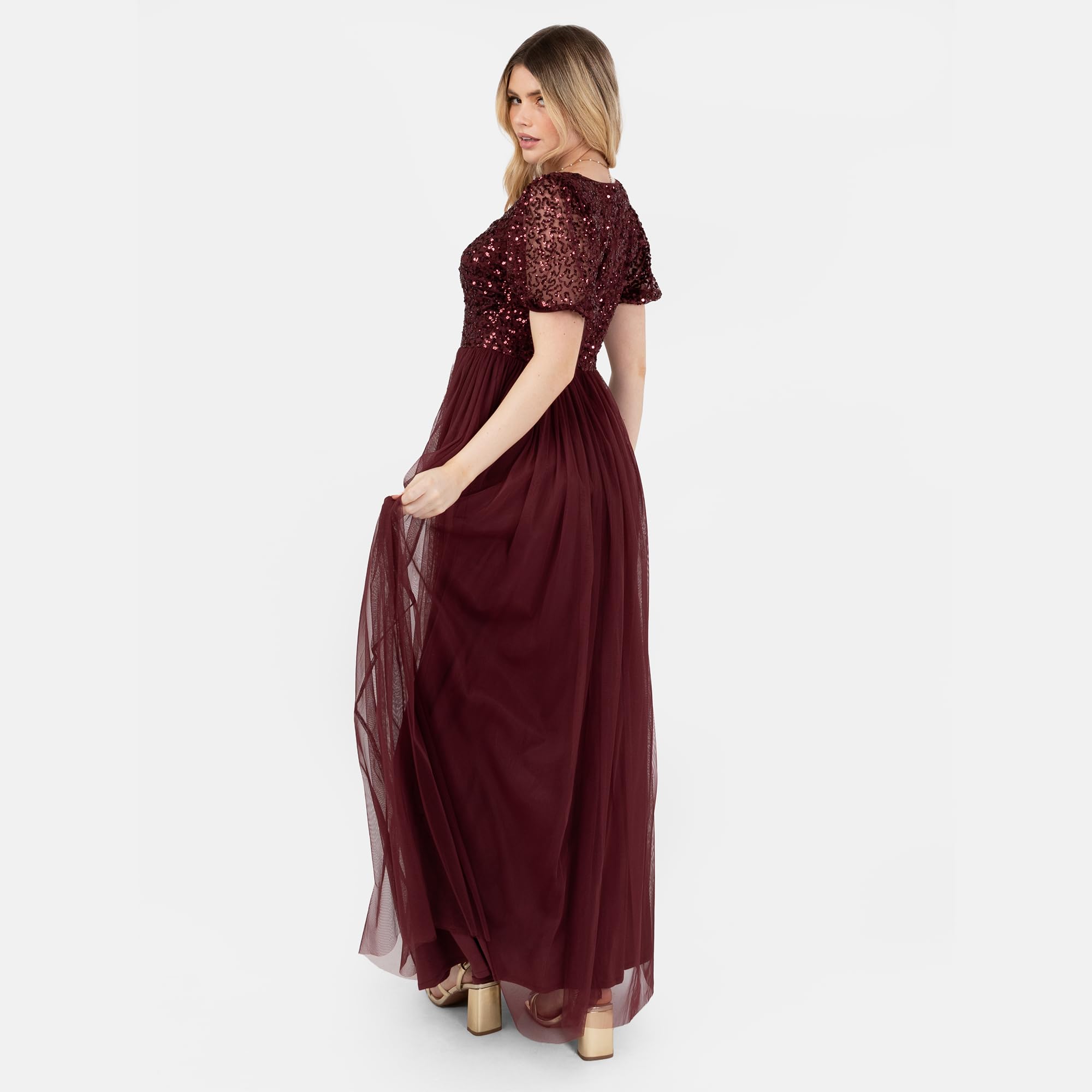 Maya Deluxe Women's Maxi Dress Ladies V-Neck Short Puff Sleeve Sequin Embellished Twist Front Tulle A-Line Bridesmaid Prom Ball Gown NAN Donna