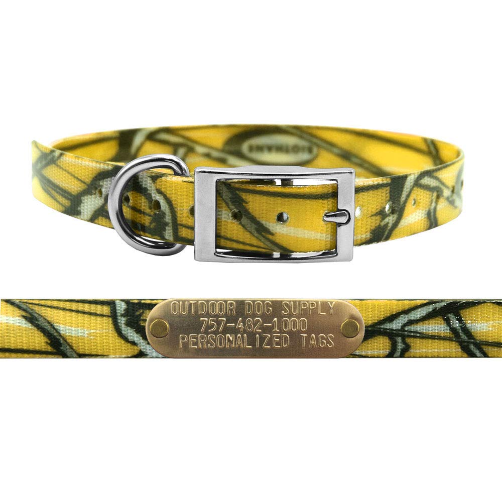 Outdoor Dog Supply 3/4" Yellow Camo D-Ring Dog Collar with Custom 3/4" Brass Nameplate | Durable, Odor-Resistant, Adjustable for Small & Medium Dogs,
