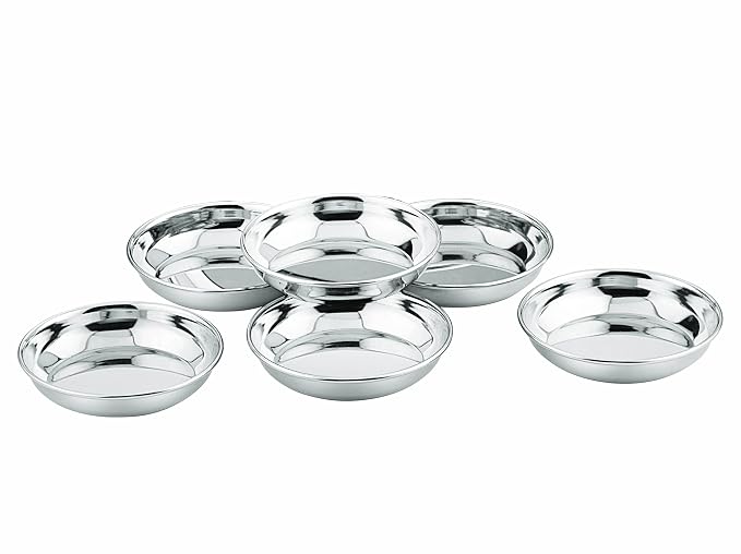 Neelam Stainless Steel 5, 22 Gauge, PRM Small Halwa Plate, 9.8 cm, Set of 6, Snacks Plate, Dessert Plates, Multipurpose Plate for Kitchen, Side Dish, Quarter Plates, Easy to Maintain, Sliver