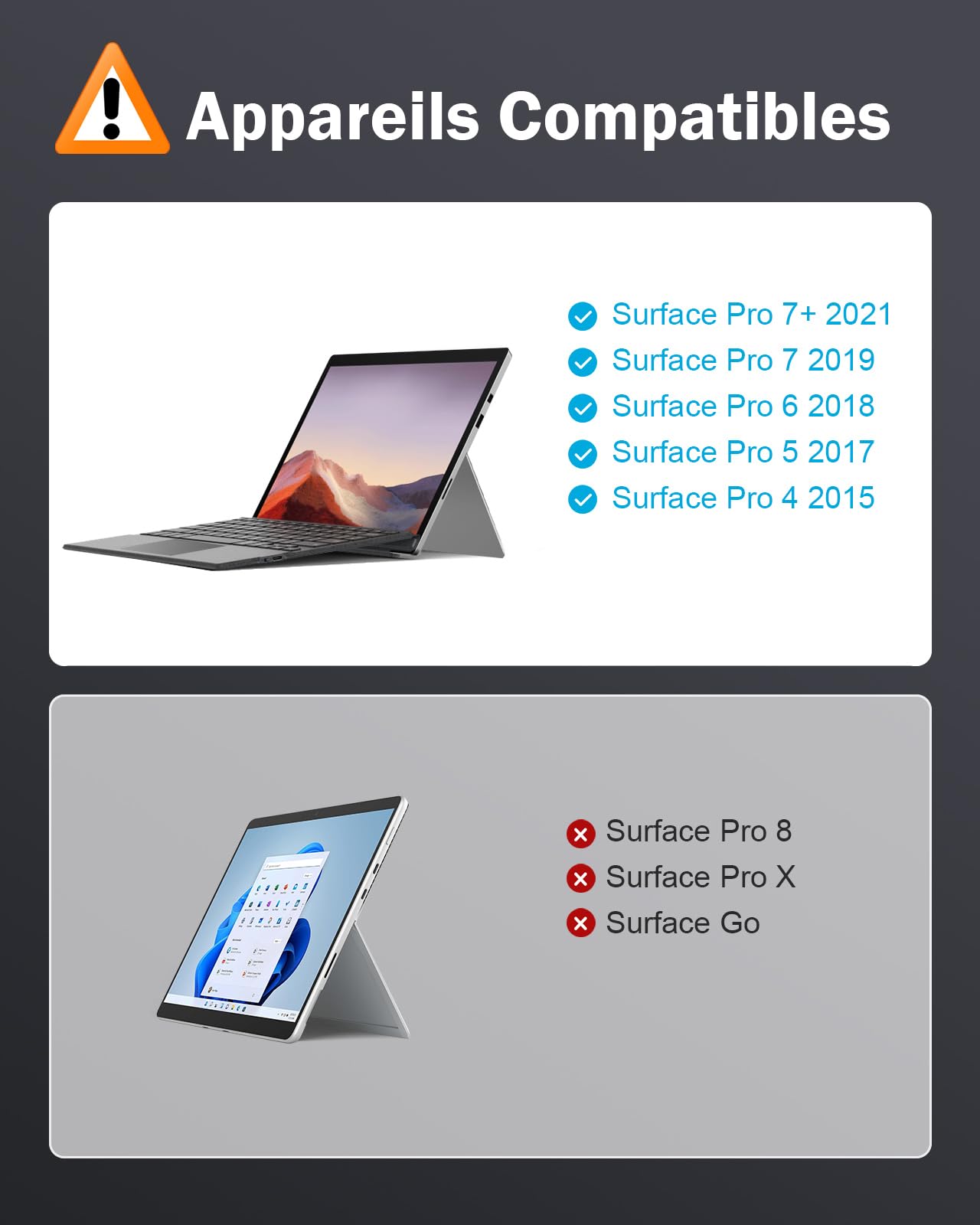 MoKo AZERTY Clavier Français Microsoft pour Surface Pro 7+/7/6/5/4/3,Gris | Bluetooth avec Pavé Tactile, Rétroéclairage LED 7 Couleurs, Batterie Rechargeable