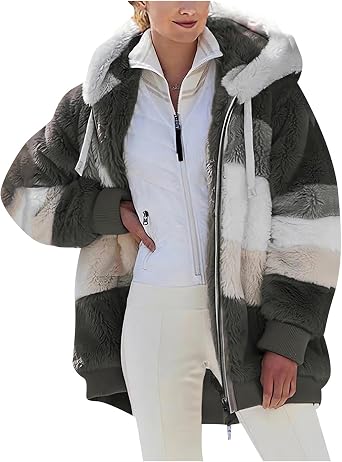2024 New Rcontrasting Lamb Wool Padded Coat Sherpa Hoodie Lined Jacket Women Faux Fur Shearling Fleece Zip Shacket