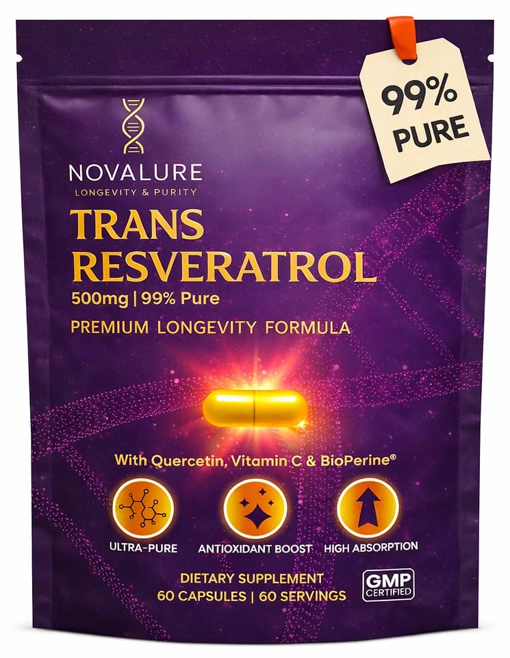 Novalure Resveratrol 500mg | 99% Pure | High Absorption with Quercetin Vitamin C & BioPerine | Longevity Supplement | Antioxidant & Anti-Aging Support | Heart & Cellular Health | 60 Capsules