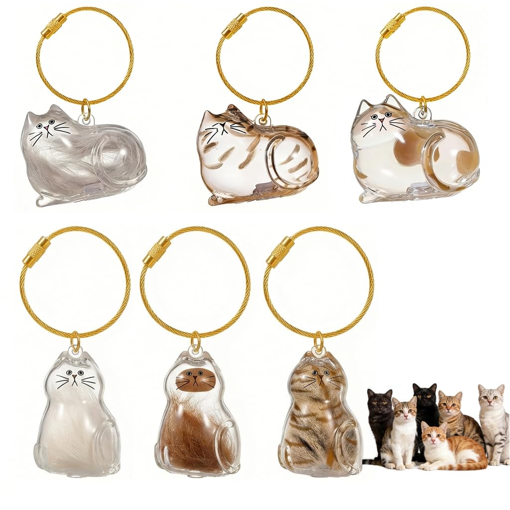 Lot de 6 porte-clés en poils de chat, pendentif DIY en poils de chat, boîte de rangement transparente pour poils de chat, cadeau commémoratif créatif pour les amoureux des animaux