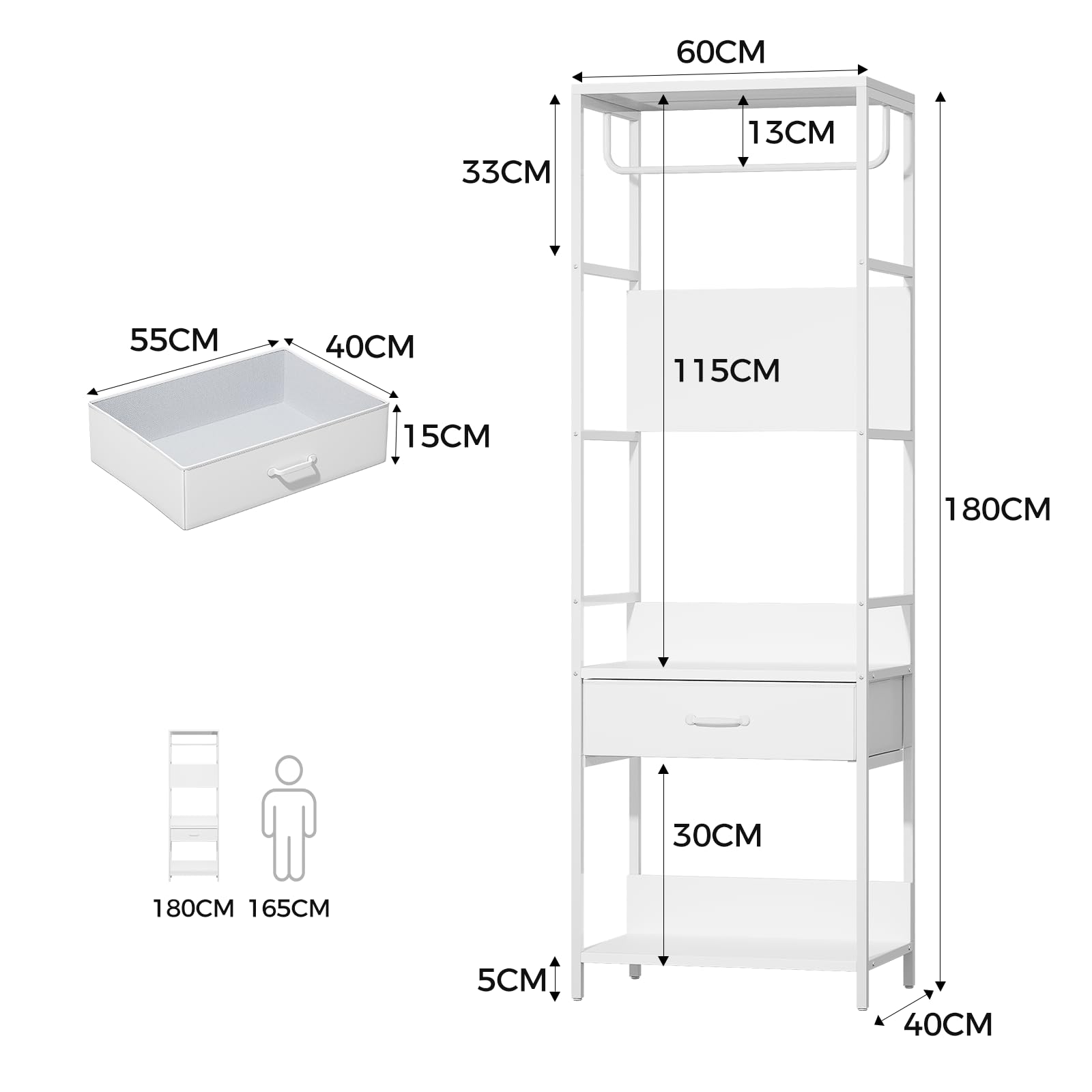 VOWNER Appendiabiti da Terra, Mobile Ingresso con Panca, 4 in 1, Attaccapanni con Barra e Cassetti, Stand Appendiabiti in Acciaio Inox, Mobile Ingresso Multifunzionale con Scarpiera, 60x180x40cm