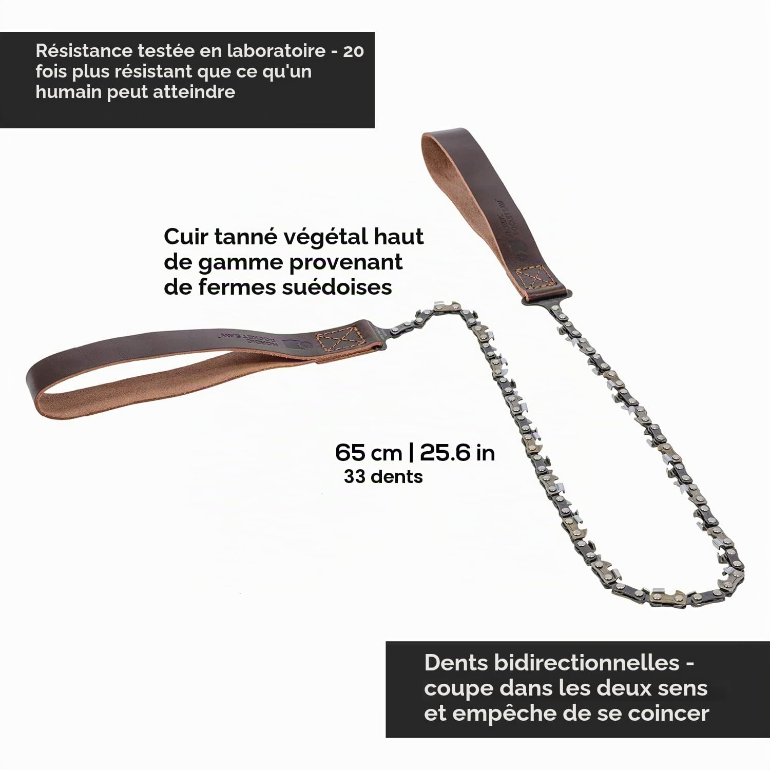 Nordic Pocket Saw Scie à Main - Tronçonneuse Portable - Scie Manuelle Chaîne 65 cm - Fil à Scier Premium - Avec Poignées et Etui en Cuir - Chaîne Portable - Outil de Survie Camping Randonnées