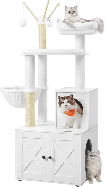 Feandrea Cat Tree with Litter Box Enclosure, 2-in-1 Modern Cat Tower, 55.1-Inch Cat Condo with Scratching Posts, Removable Pompom Sticks, Rustic Brown UPCT113X01