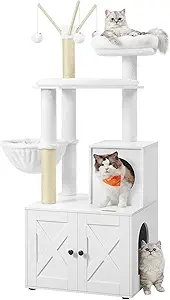 Feandrea Cat Tree with Litter Box Enclosure, 2-in-1 Modern Cat Tower, 55.1-Inch Cat Condo with Scratching Posts, Removable Pompom Sticks, Cloud White UPCT113W01