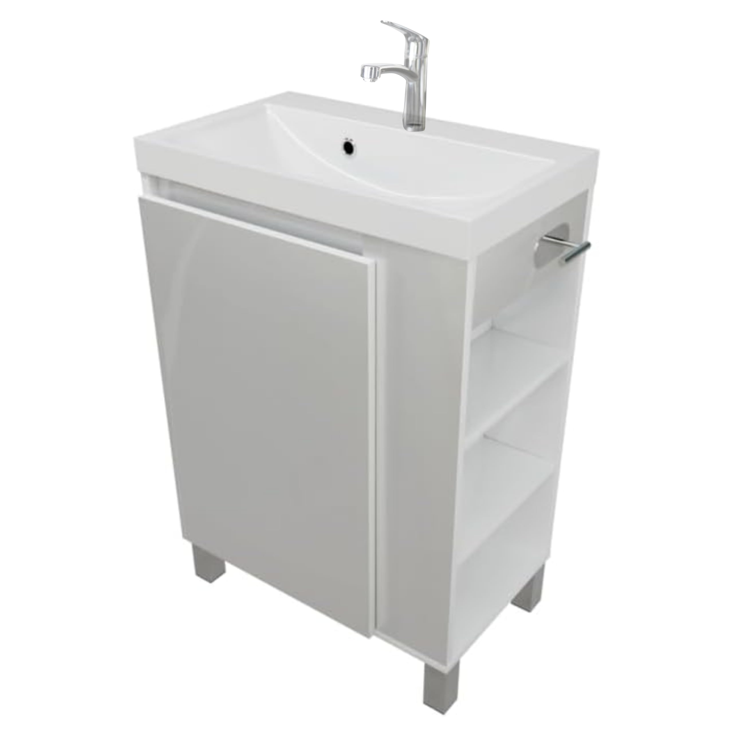 Waschbecken mit Unterschrank SEVA, 57 cm Breite, Waschtisch Stehend oder Hängend, Badmöbel Set für Badezimmer, Waschbeckenunterschrank mit Toilettenpapierhalter - Weiß