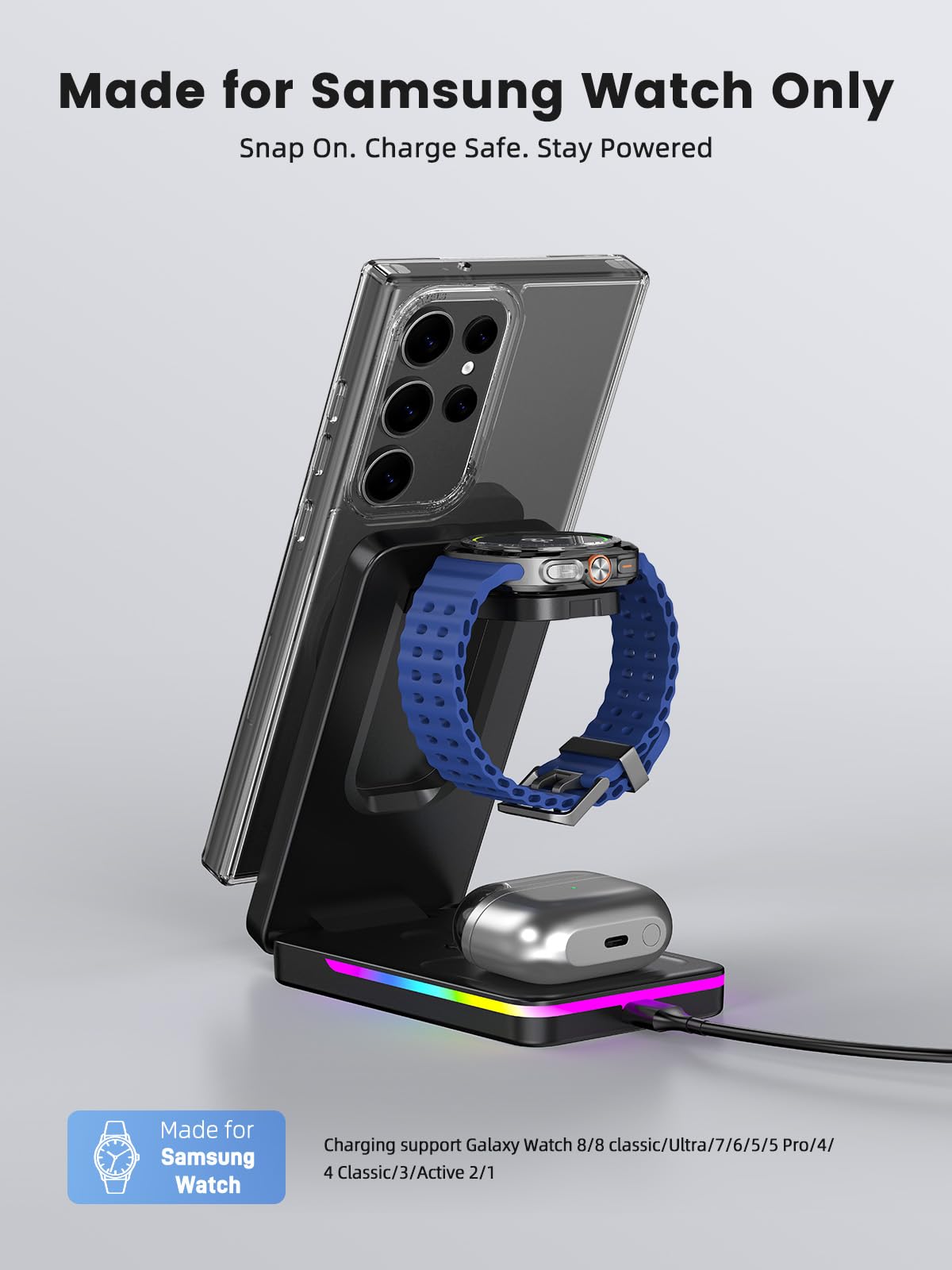 Magnetyczna stacja ładująca do Samsung Galaxy S25 Ultra S24, Magsafe składana ładowarka do Samsung Galaxy Watch Ultra 8 7 6, 3 w 1, indukcyjna stacja ładująca ze światłem do Buds Pro 2 | MagSafe bezprzewodowa ładowarka składana do Galaxy S26 Ultra/S25/S24