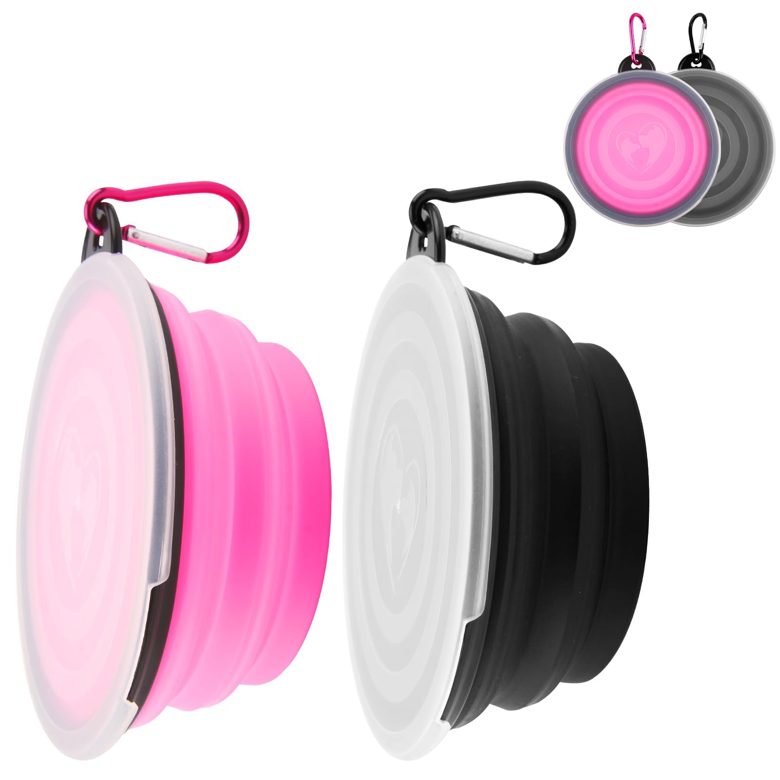 2 Cuencos Plegables para Perros, mosquetón, Cuencos de Viaje a Prueba de Fugas de Silicona para Perros y Gatos, Ideal para Agua y Comida (350 ml con Tapa, Rosa y Negro)