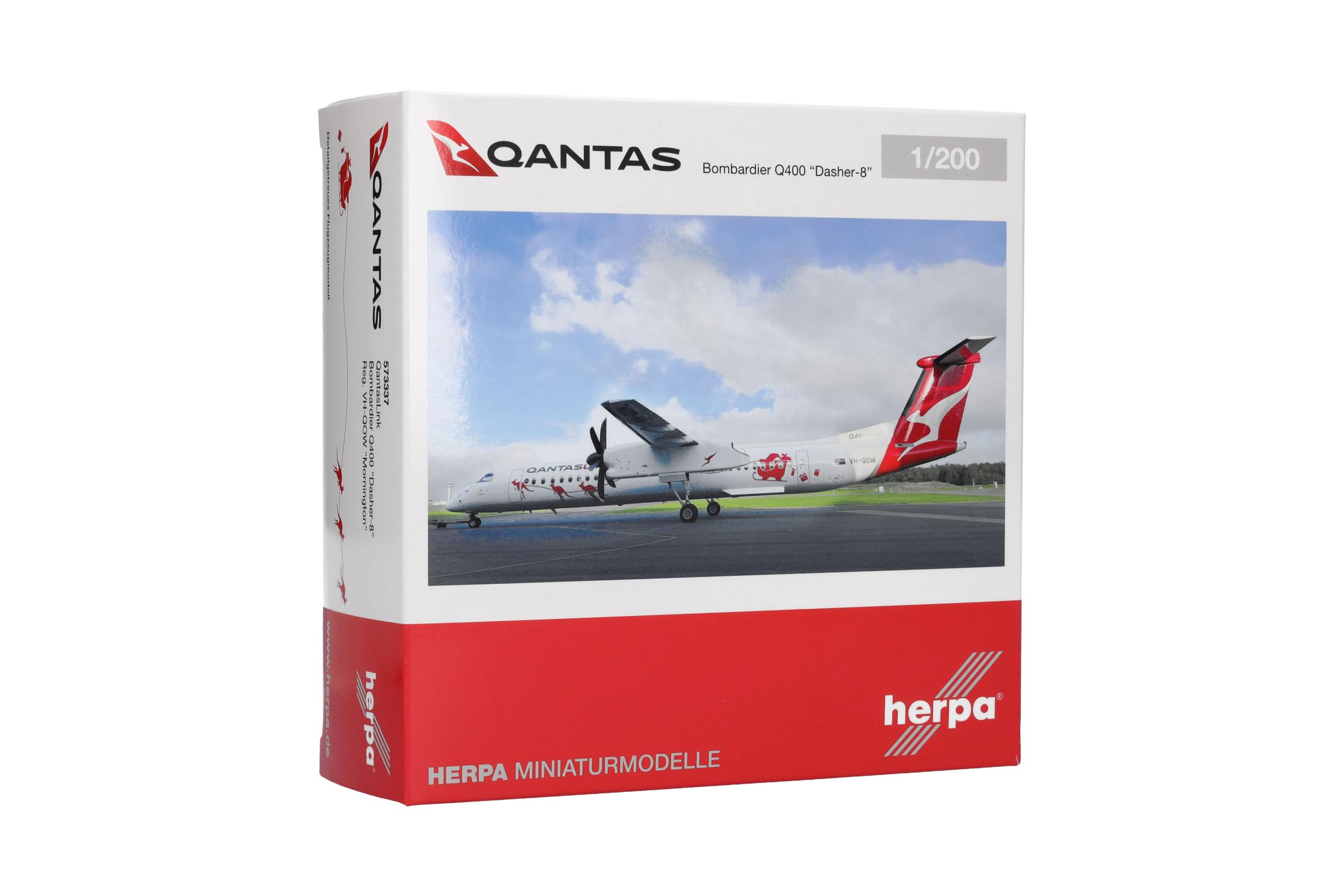 Herpa Modellflugzeug QantasLink Bombardier Q400 Dasher-8" Miniatur im Maßstab 1:200, Sammlerstück, Modell ohne Standfuß, Metall, Weiß, Rot