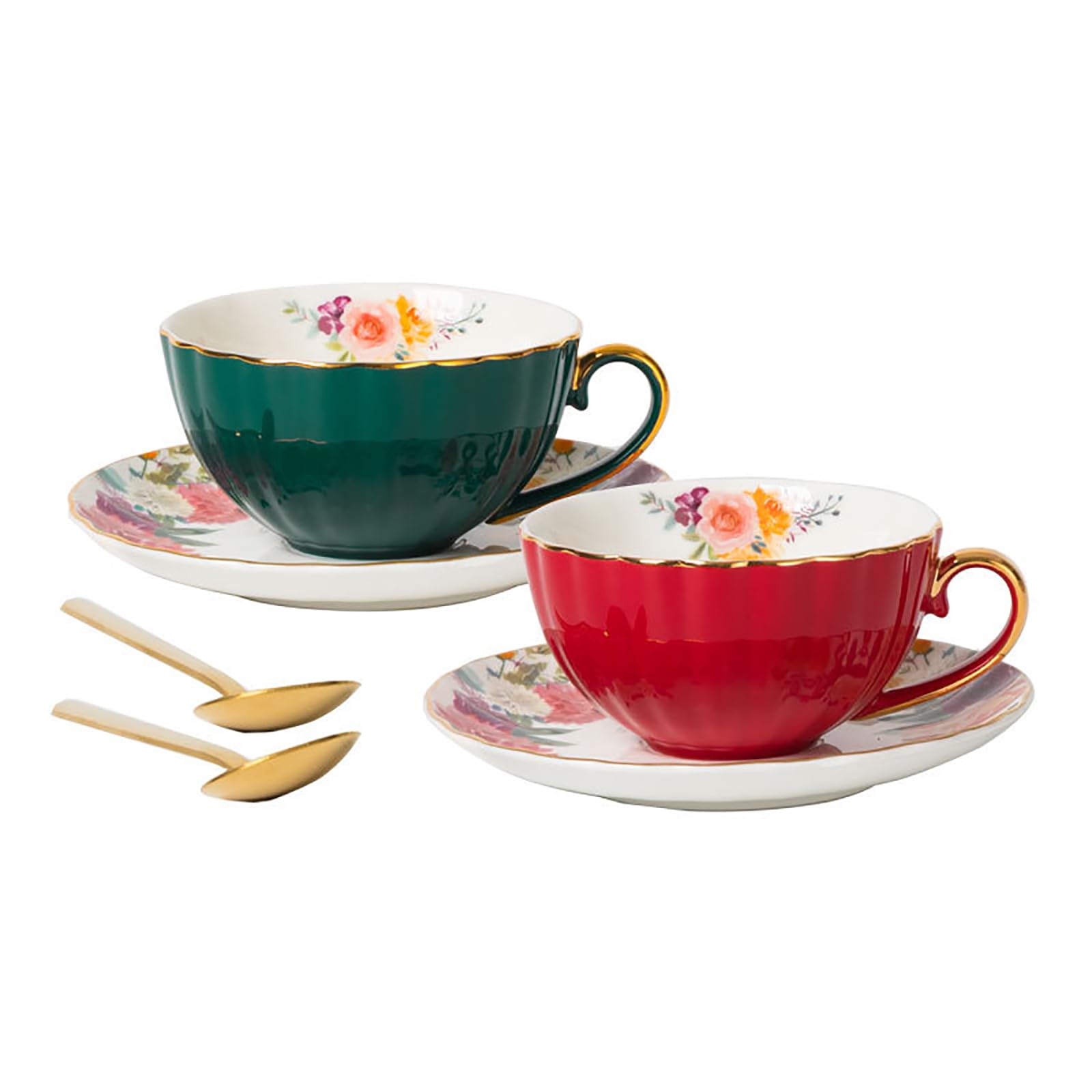 Juego de Tazas y platillos de té de Porcelana China de 2,200 ml,Taza de café con diseño Floral,Taza de café con Leche y Capuchino,Taza de té de Porcelana con platillos y Cuchara, A