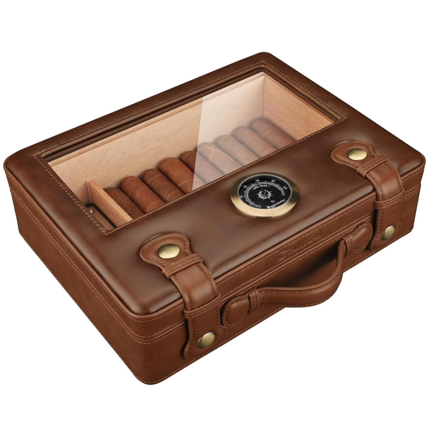 Scatola porta sigari per 30 sigari in pelle PU con coperchio vetro, umidificatore, igrometro, rivestimento cedro, regalo per marito, papà, festa del papà, Natale, compleanno,Marrone