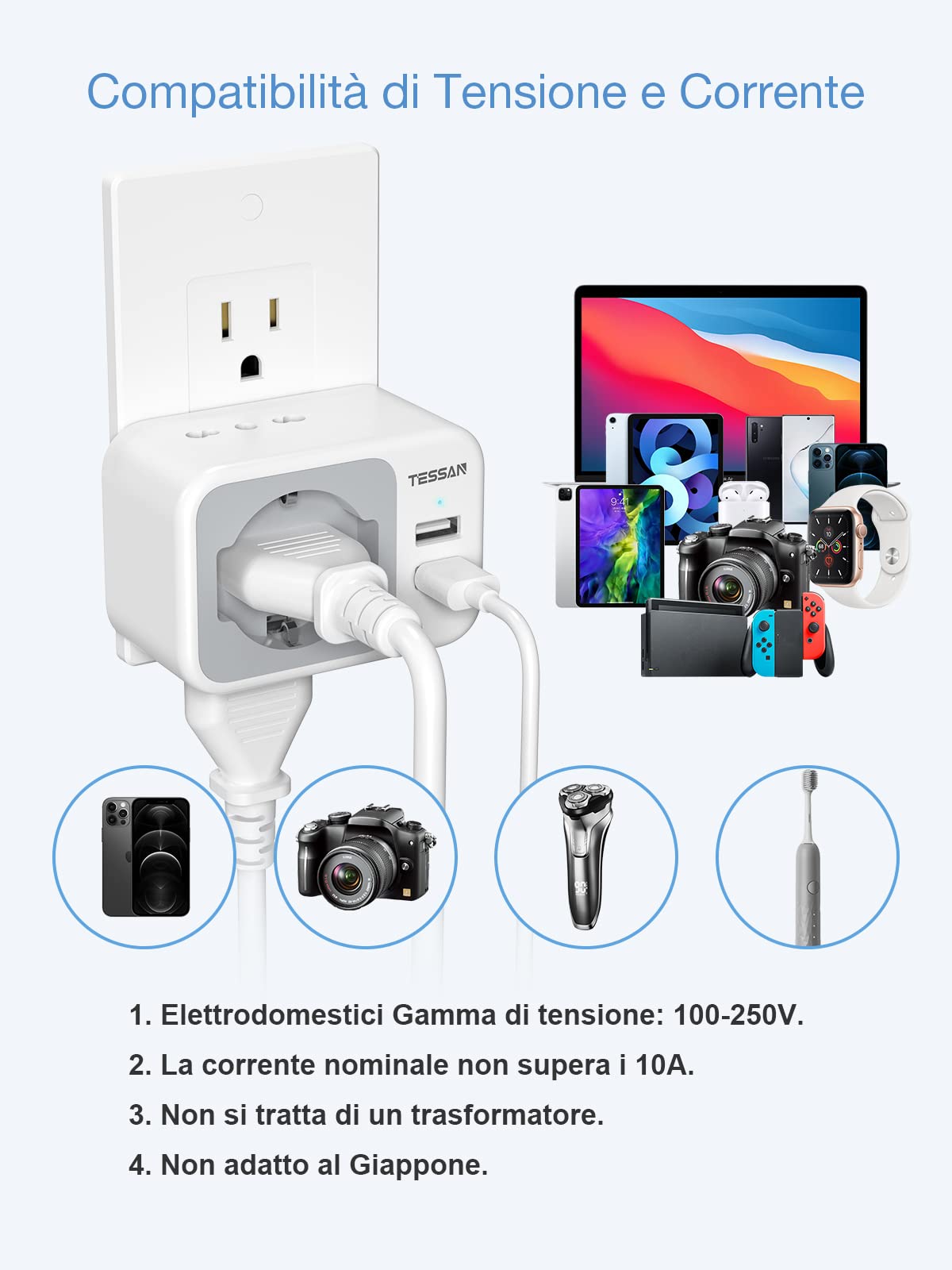 TESSAN Adattatore Presa Americana con 2 USB, Adattatore USA con 2 Prese IT e 1 Presa Schuko, Presa Americana Adattatore Italiana per America, Canada, Messico, Thailandia ecc, Spina Tipo B