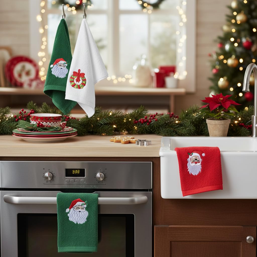 BESPORTBLE 3er Set Weihnachtshandtücher - Dekorative - Bestickte Geschirrtücher Für Küche Und Badezimmer Geschenkidee in Rot Grün Weiß Baumwolle Saugfähig