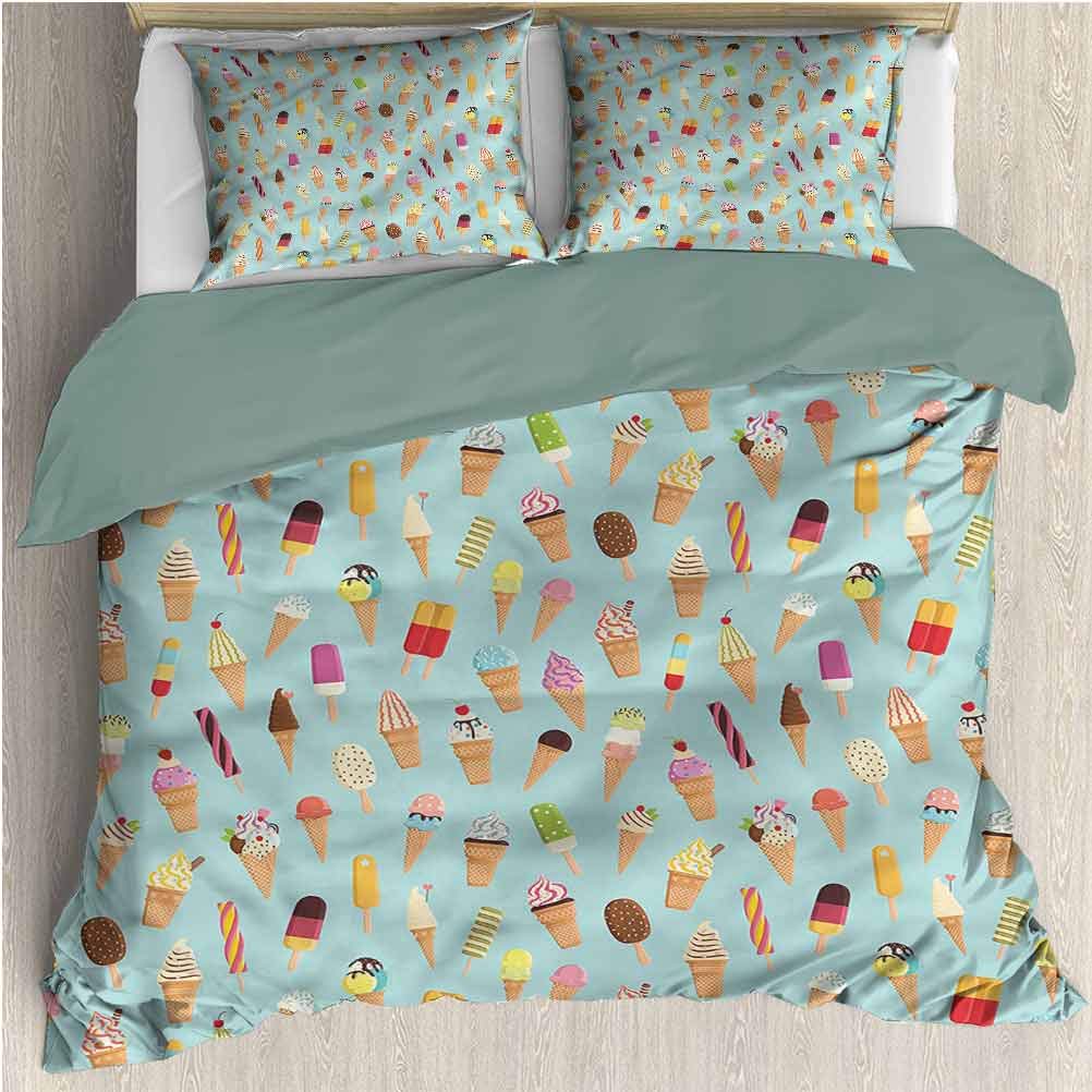 Ice Cream Duvet Cover Set Cal King, 1 Duvet Cover + 2 Pillow Shams, Yummy Fruity Soft Comforter Cover Sets Quality Soft Silky Comfortable Breathable