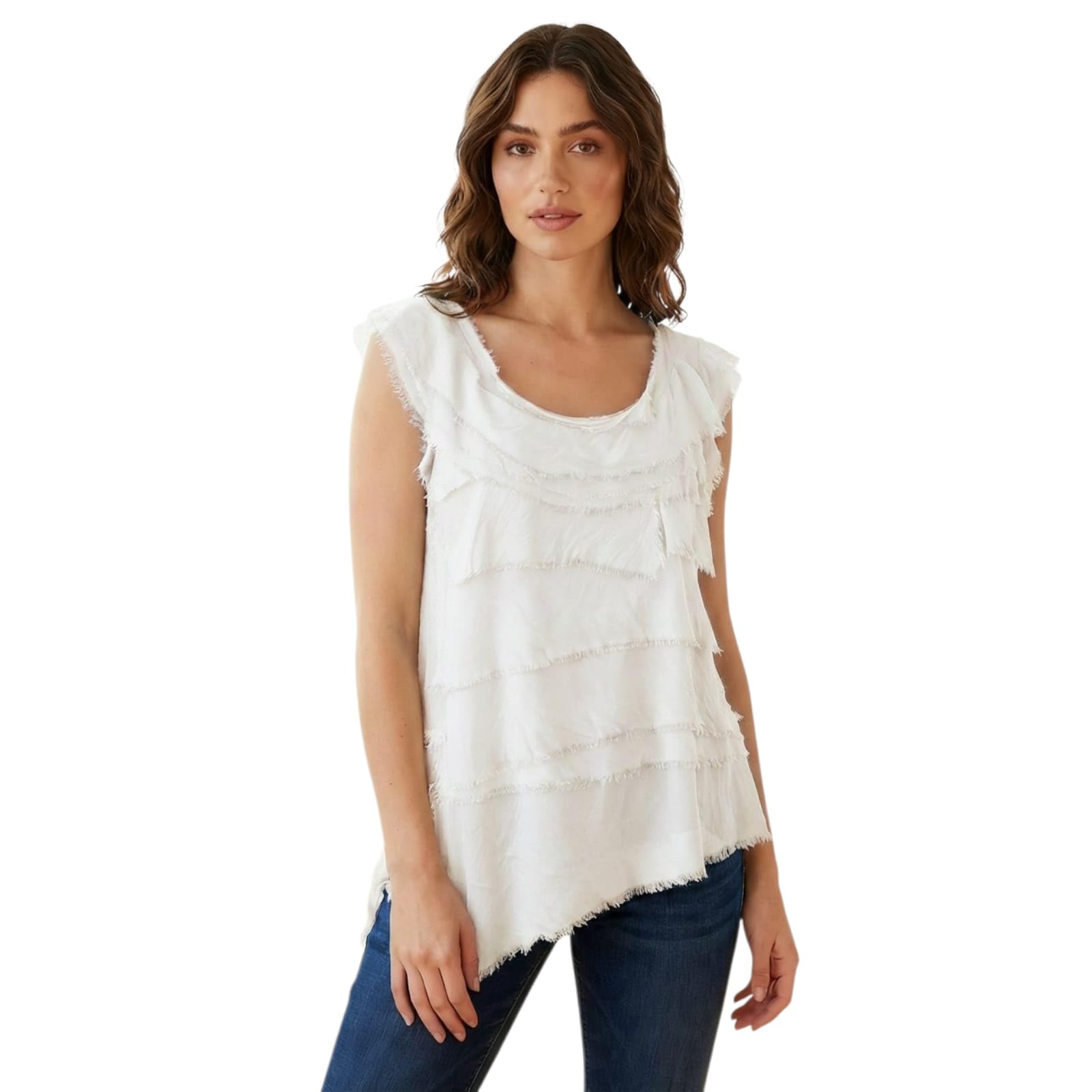Alam Exclusive Women's White Tops Blouses Vest Sleeveless Summer Italian Lagenlook Flap Over Shredded Ruffle Round Neck Layer Look Plain 8-16 Holiday (White)
