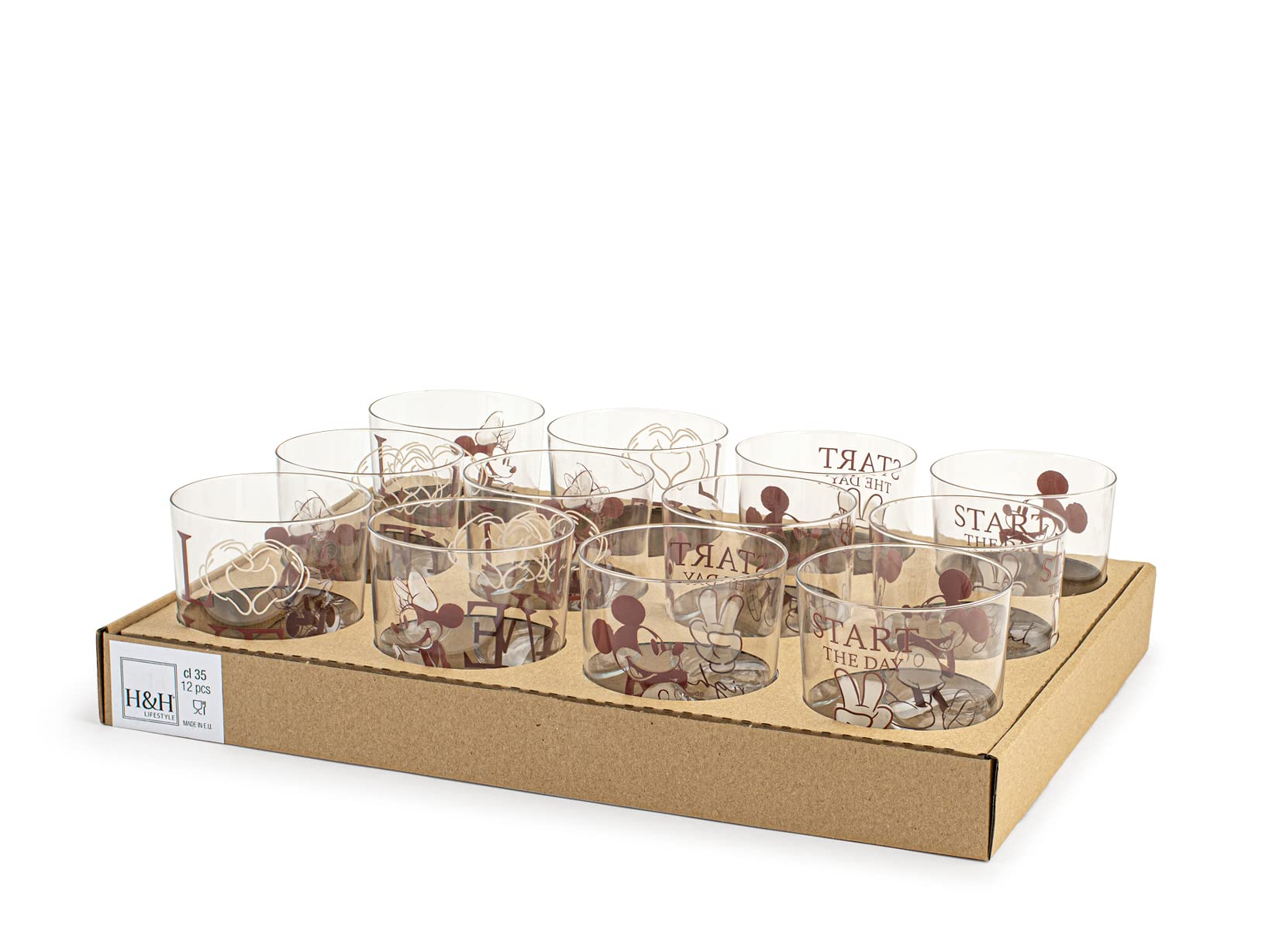 H&H-Minnie the blogger, set 12 bicchieri, in vetro borosilcato, ultrasottile, decori assortiti, 35 cl