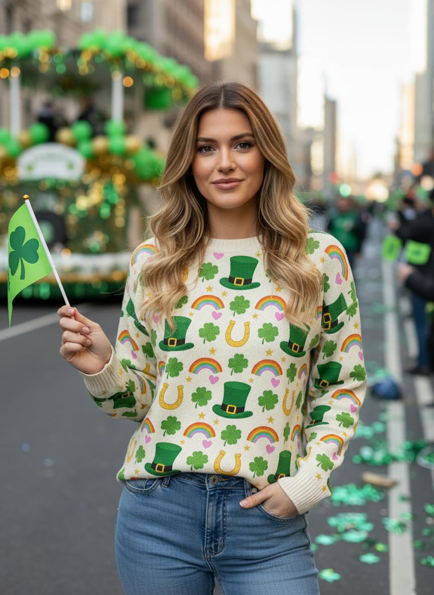 Womens Crewneck St Patricks Day Lightweight Sweaters Irish Shamrock Knitted Long Sleeve Pullover Sweaters