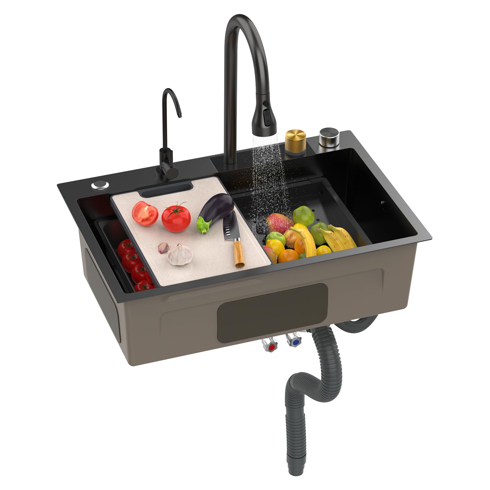 Ohfruit Black Waterfall Single Bowl Kitchen Sink – Stainless Steel Drop-In/Undermount Farmhouse Workstation Sink With Cup Rinser, Bar Prep Accessories Set
