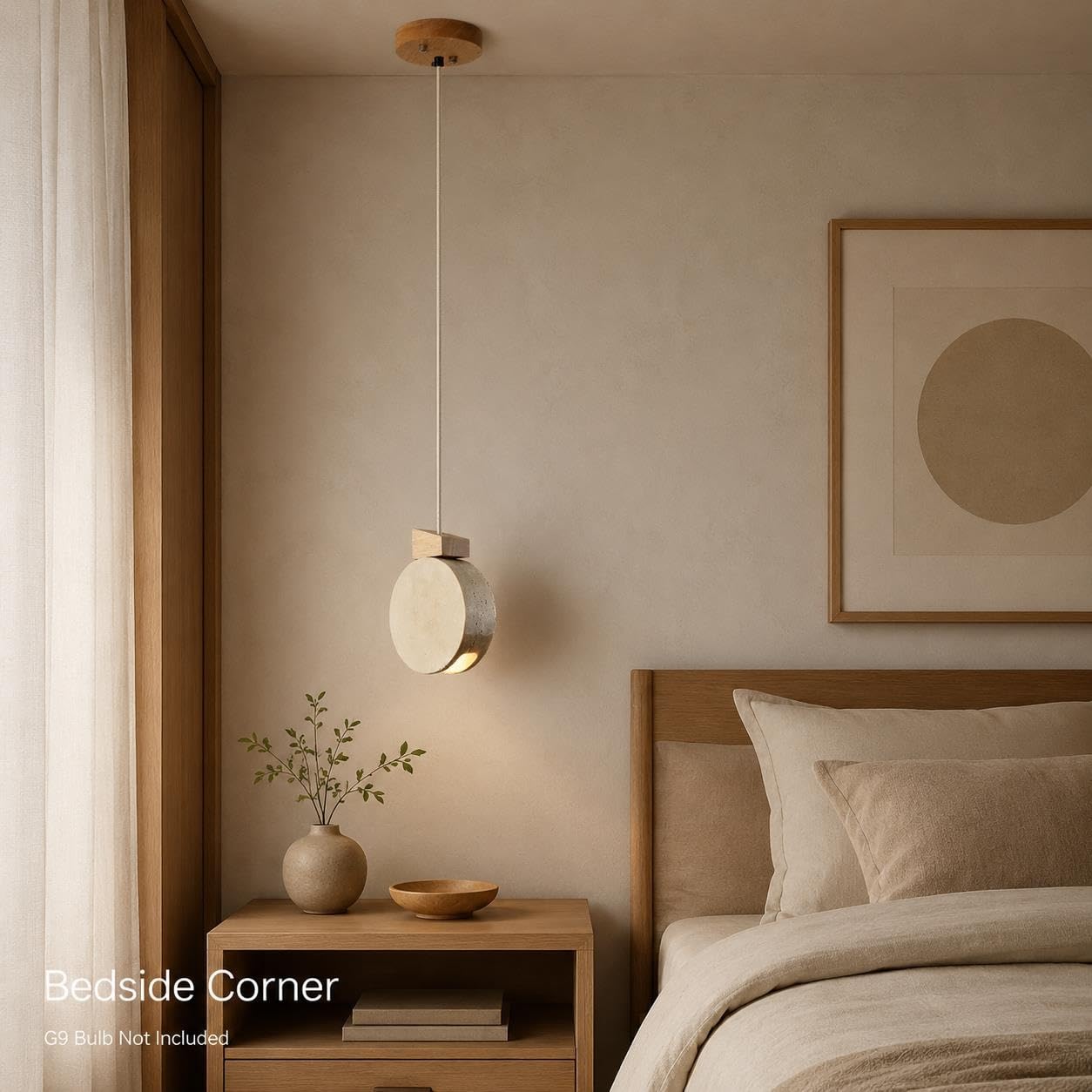 Mini lampada a sospensione in legno con paralume in travertino, G9
