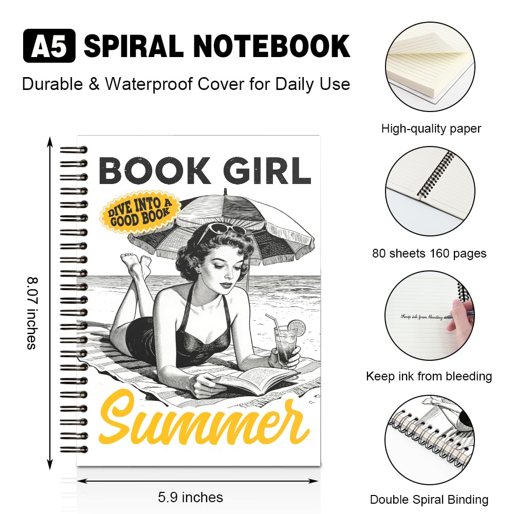 Książka Dziewczyna Letni Notatnik Spiralny W Poziomej Linii, Retro Dziewczyna Czytanie Projektowy Dziennik dla Miłośnika Lata, Czytelnika Bibliofila, Bibliofila, Bibliotekarza, Prezenty dla