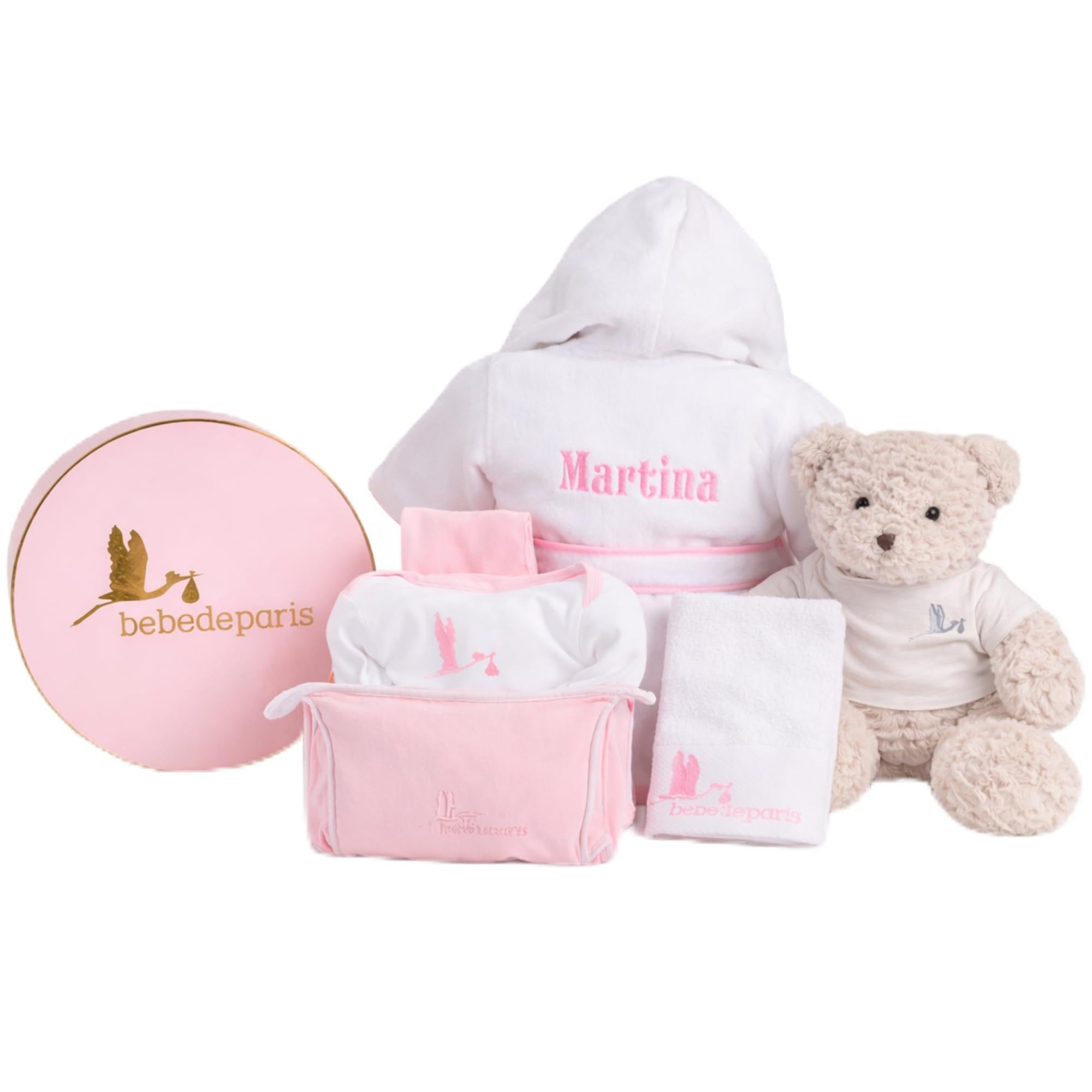 BebeDeParis Canastilla Bebé Recién Nacido Albornoz Bordado talla de 6-12 meses Body Neceser Funda Muselina y Oso de Peluche
