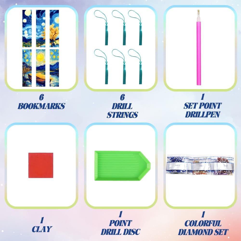 6Pcs Van Gogh Starry Night 5D Diamond Art Bookmark Classic Diamond DIY Painting Bookmarks with Tassel Rhinestones Beaded Crystal Bookmark Kits for Beginner Crafts Adult Home Office
