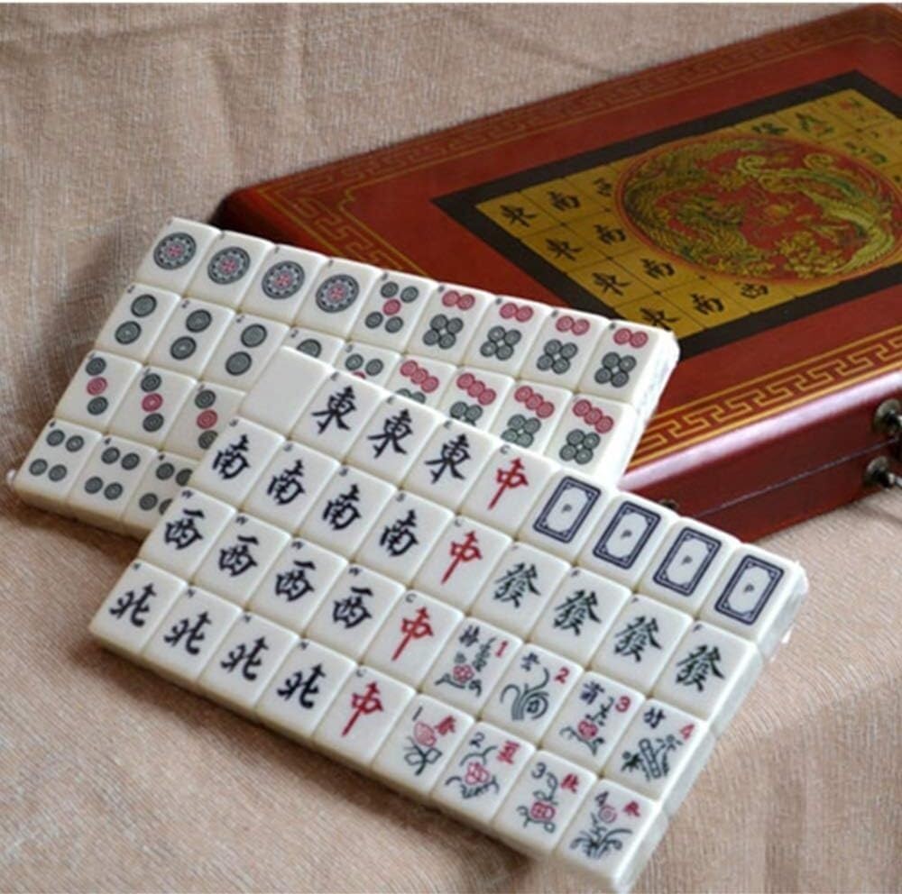 Juego de Mahjong Antiguo en Miniatura, Juego de Mahjong Chino con Estuche de Madera, Juego de Mahjong Familiar for Viajes