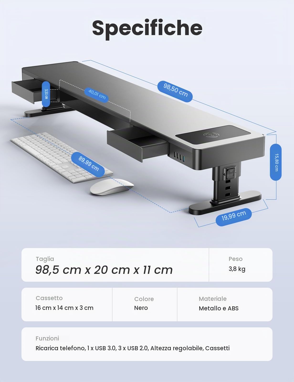MEATANTY Supporto Regolabile per 2 Monitor con Ricarica Wireless | Quattro altezze, hub USB a 4 porte e cassetto integrato per organizzare dispositivi e accessori.
