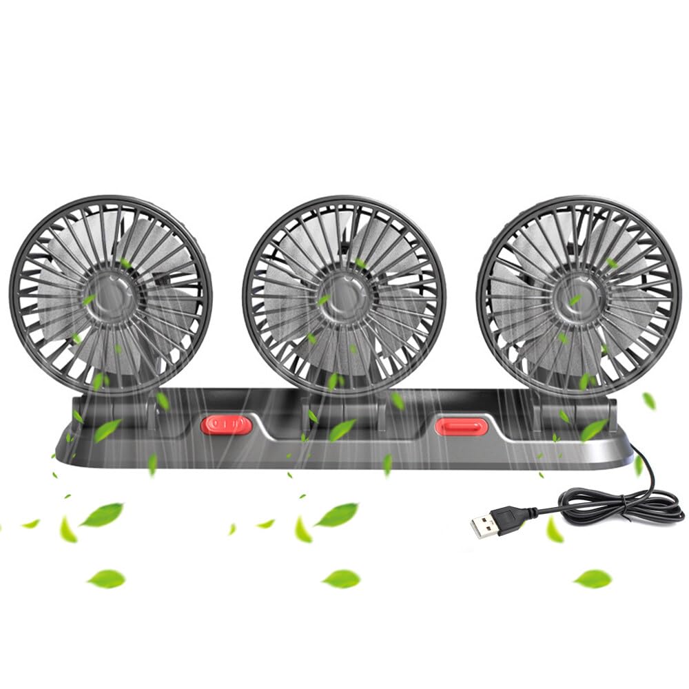 Ventilateur de Voiture USB 5V, Ventilateur De Voiture à Trois Têtes, Ventilateur Réglable en Rotation à 360° avec à 2 Vitesses, Ventilateur De Voiture Silencieux pour Camions Fourgons SUV, RV
