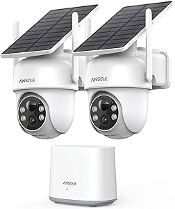 ANSQUE 2K Telecamera Esterno Senza Fili Solare, Kit 2 Cam con Stazione base, No Abbonamento, 32GB Locali, Pan&Tilt 360°, Batteria 365 Giorni, Visione Notturna Colori, Facile Installazione, WiFi 2.4/5G